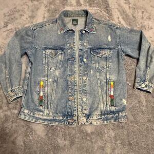 Wild Fable Denim Jacket Painted‎ Floral Distressed Womens Size Small